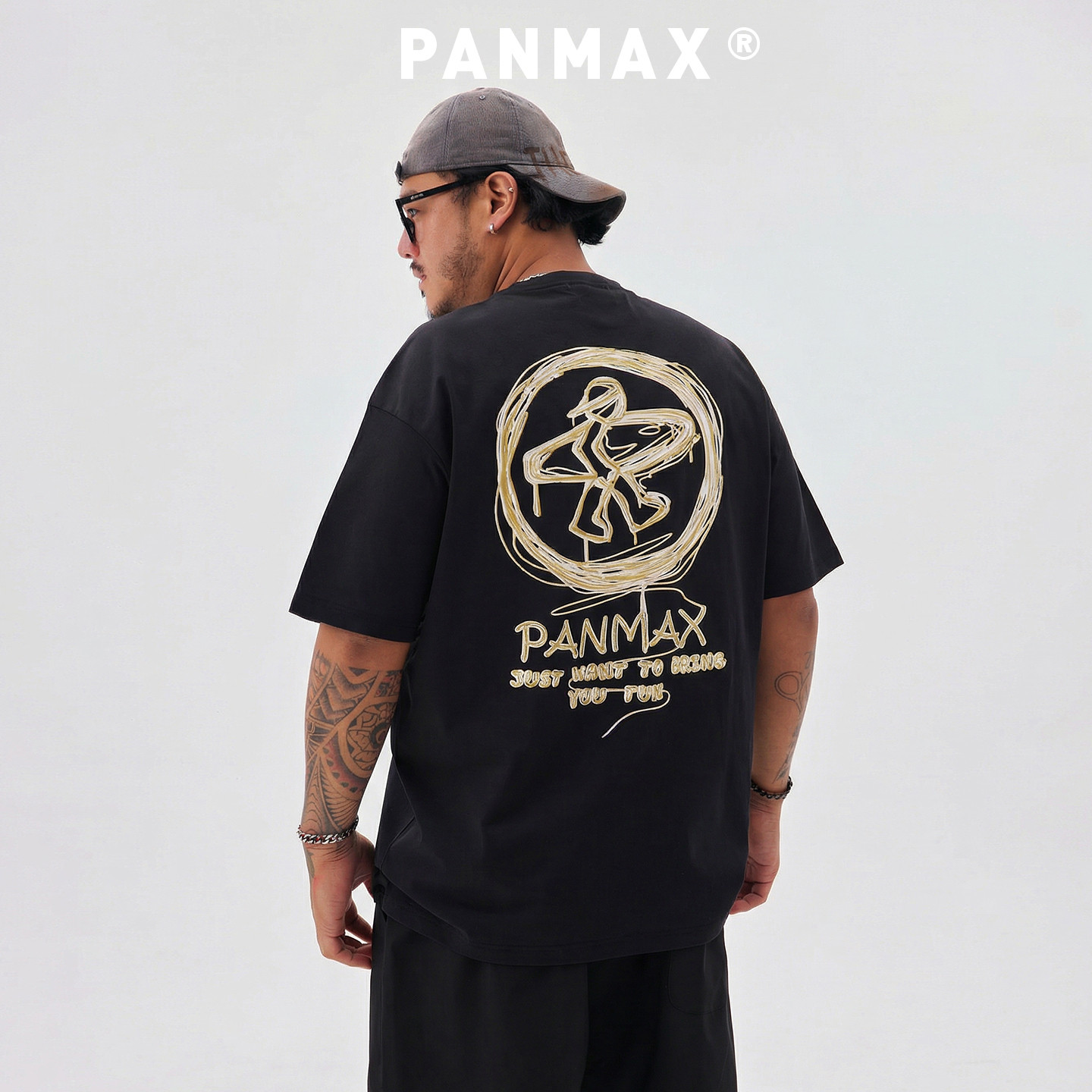 PANMAX大码潮牌男装春夏短袖纯棉T恤黑色街头百搭背面印花T恤设计