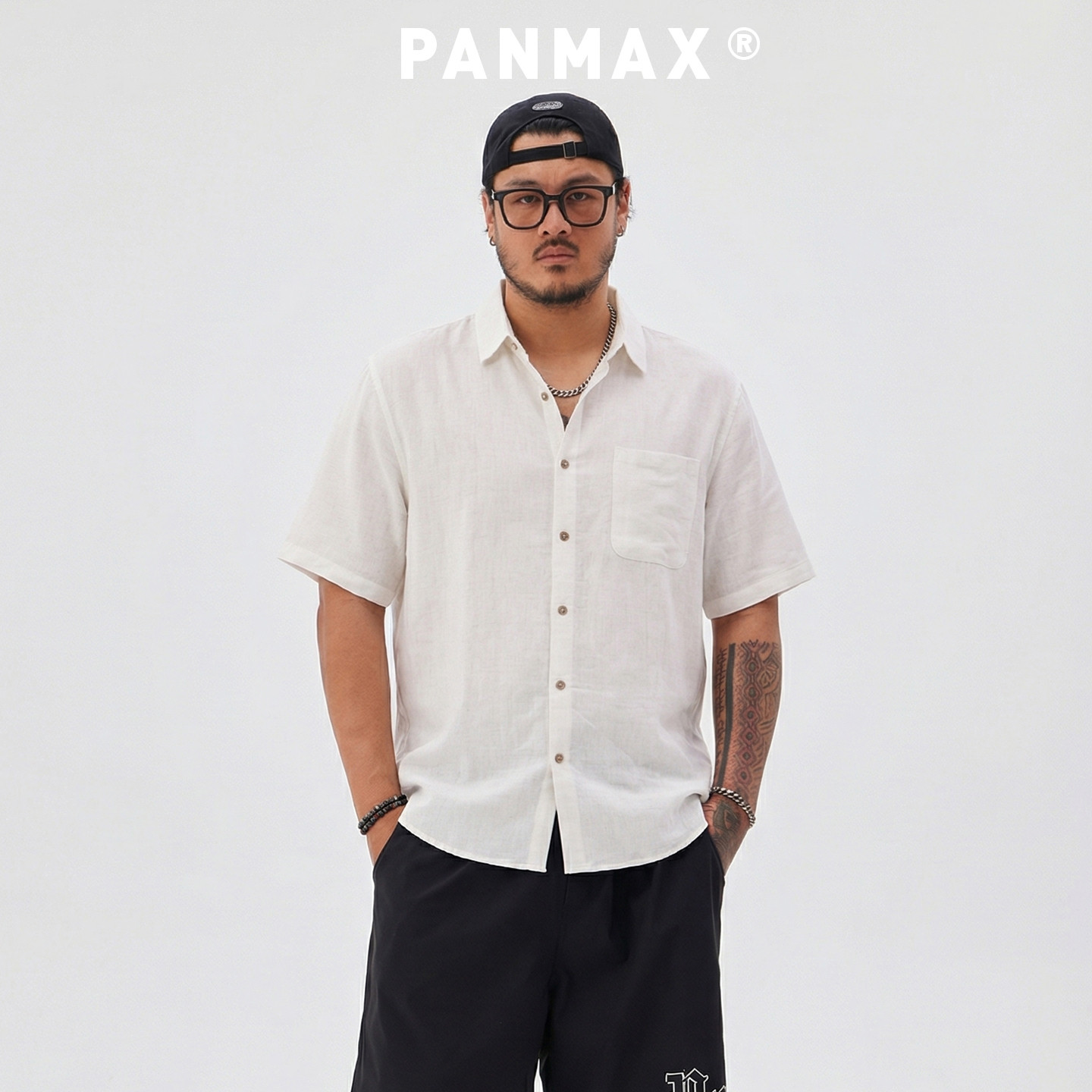 PANMAX潮牌男装春夏亚麻感纯色短袖衬衫莱赛尔面料透气通勤简约