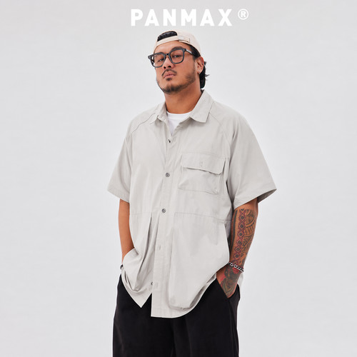 PANMAX潮牌男士夏季工装风短袖衬衫多口袋翻领百搭休闲宽松衬衣