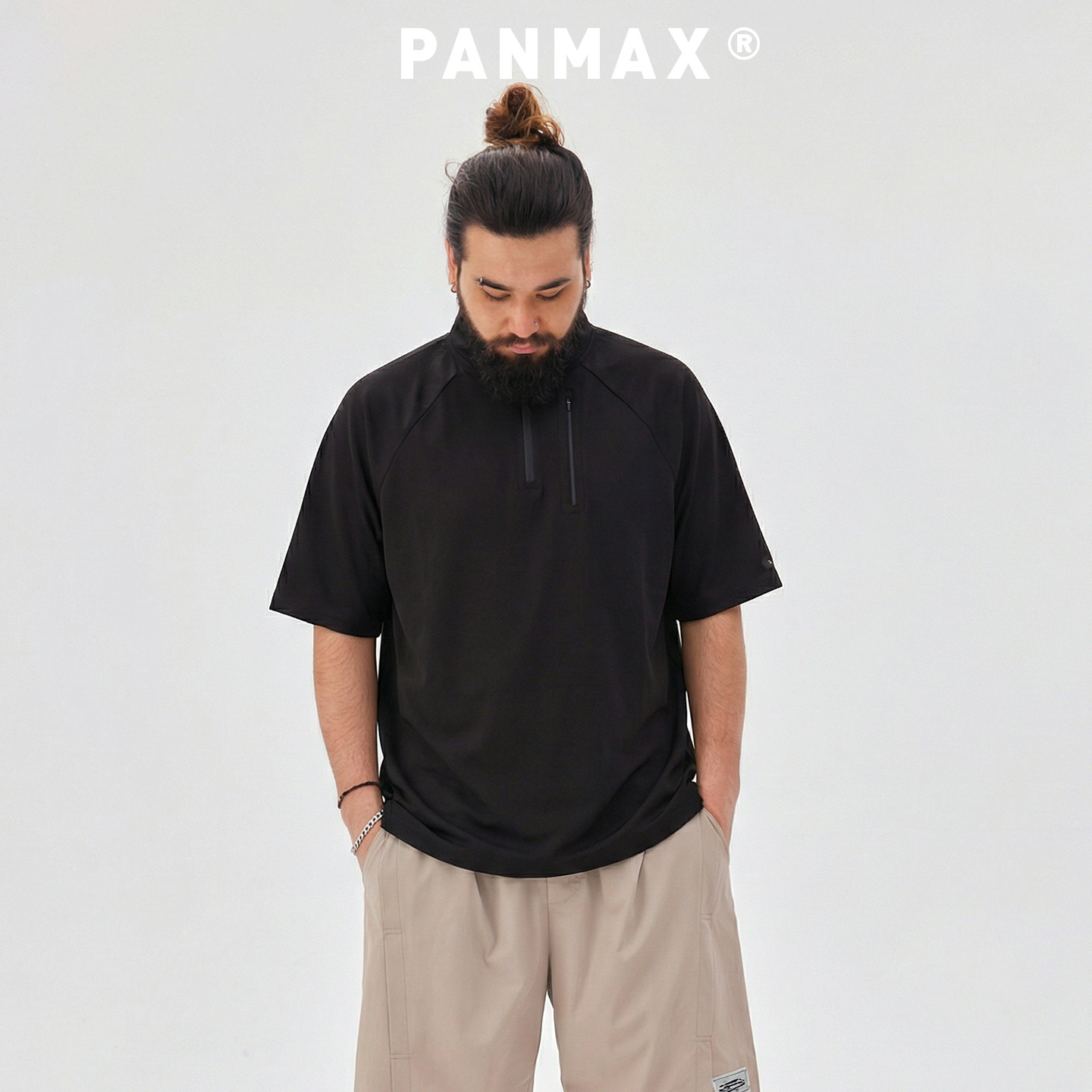 PANMAX潮牌男装夏季短袖T恤凉感透气速干半拉链上衣立领设计