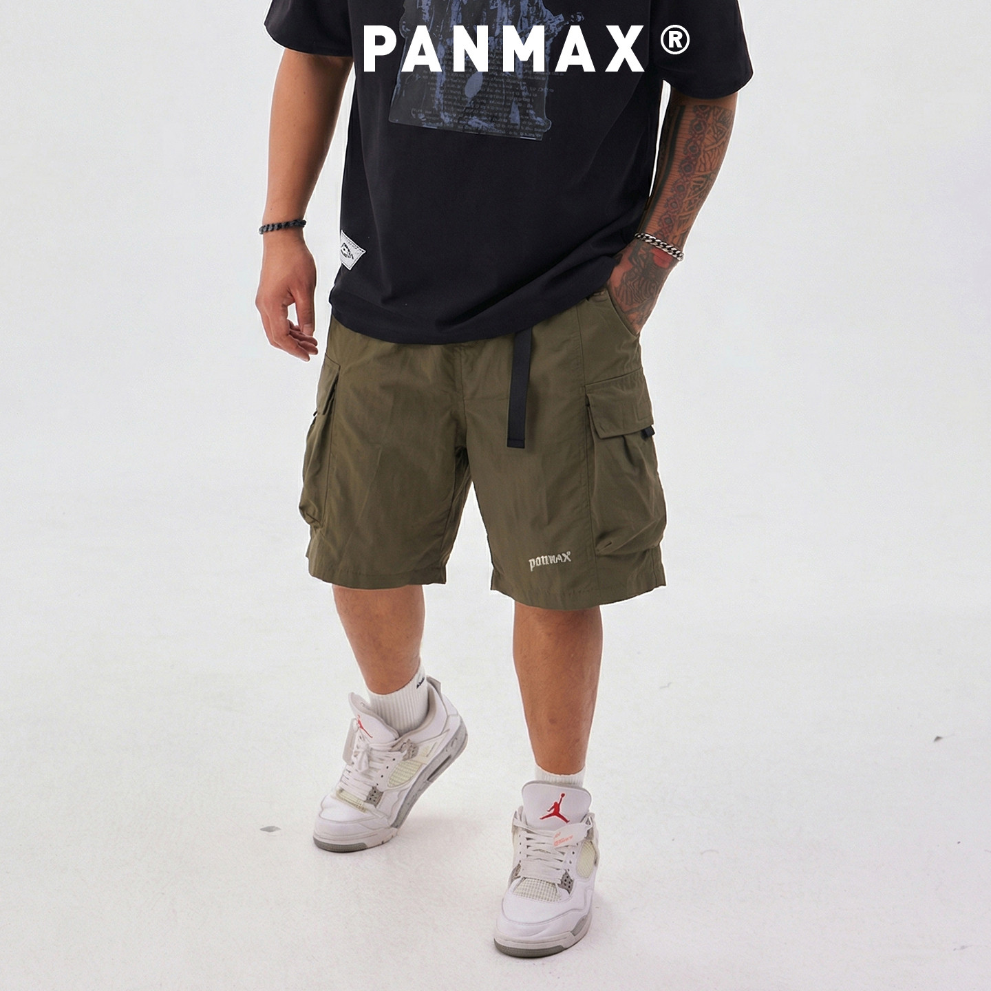 PANMAX潮牌男装春秋工装短裤腰间撞色多口袋抽绳短裤机能风设计