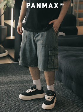 PANMAX潮牌大码男夏款酷潮牛仔短裤时尚直筒工装五分裤加大牛仔裤