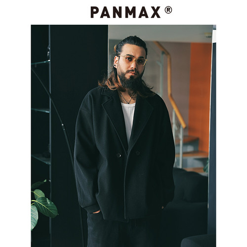 PANMAX潮牌大码男装翻领毛呢外套韩版休闲短款大衣2025年冬