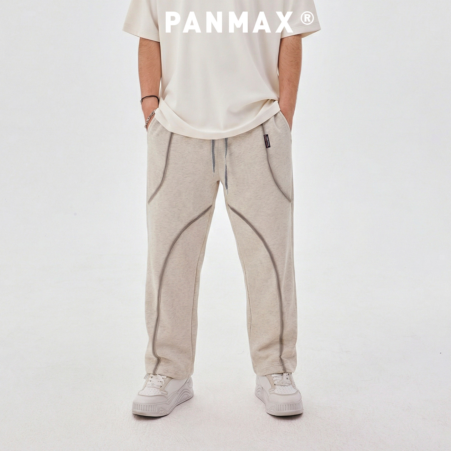 PANMAX潮牌大码男装春秋卫裤极简通勤抽绳直筒裤线条感设计卫裤