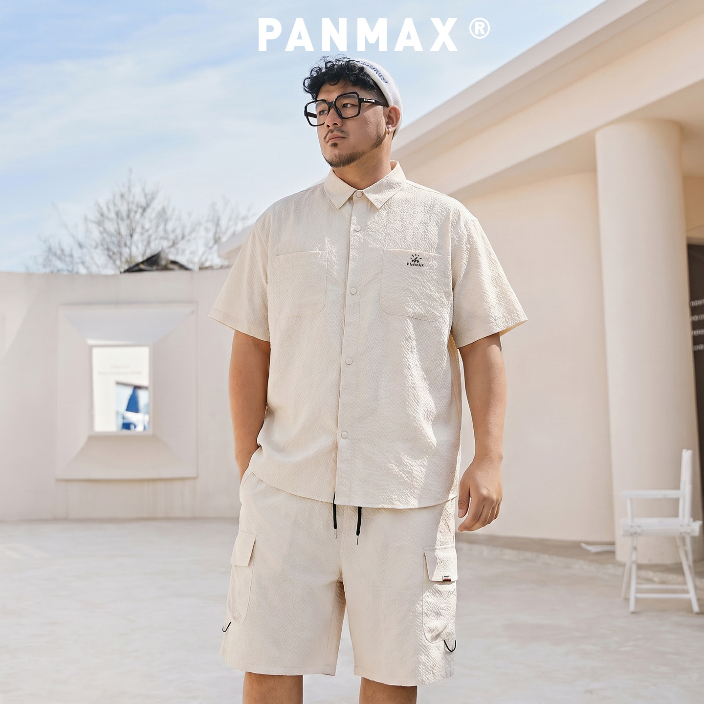 PANMAX大码潮牌男装工装肌理感短袖衬衫休闲短裤五分裤套装两件套