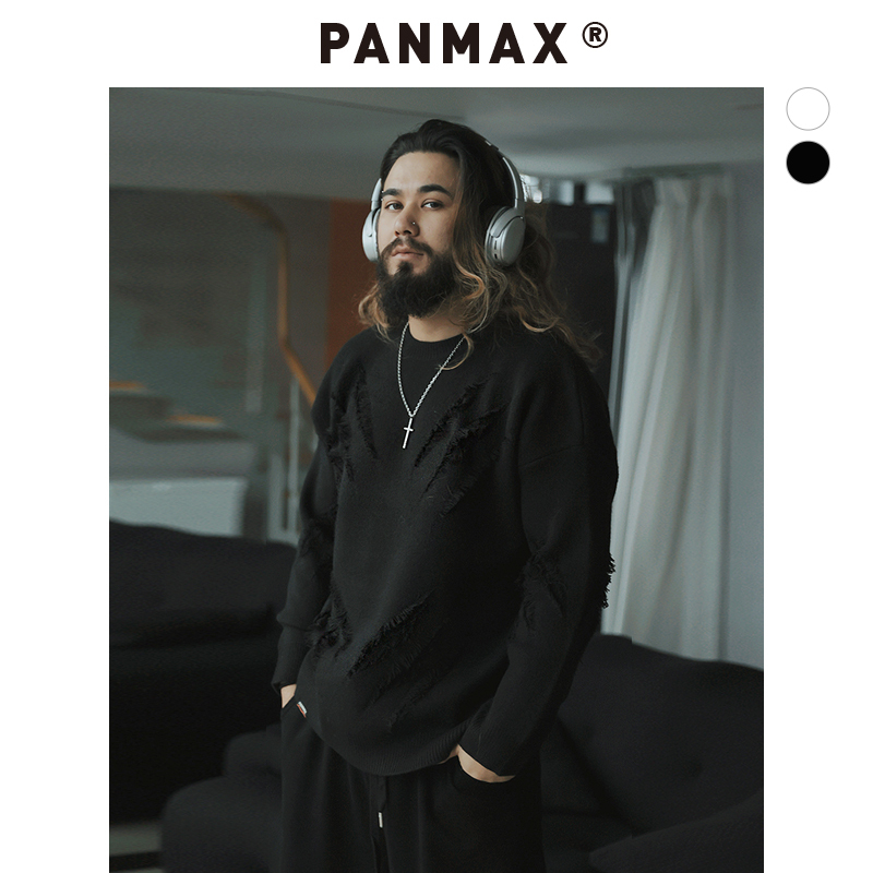 PANMAX大码潮牌男装休闲宽松潮酷设计感不扎肤圆领套头针织衫毛衣