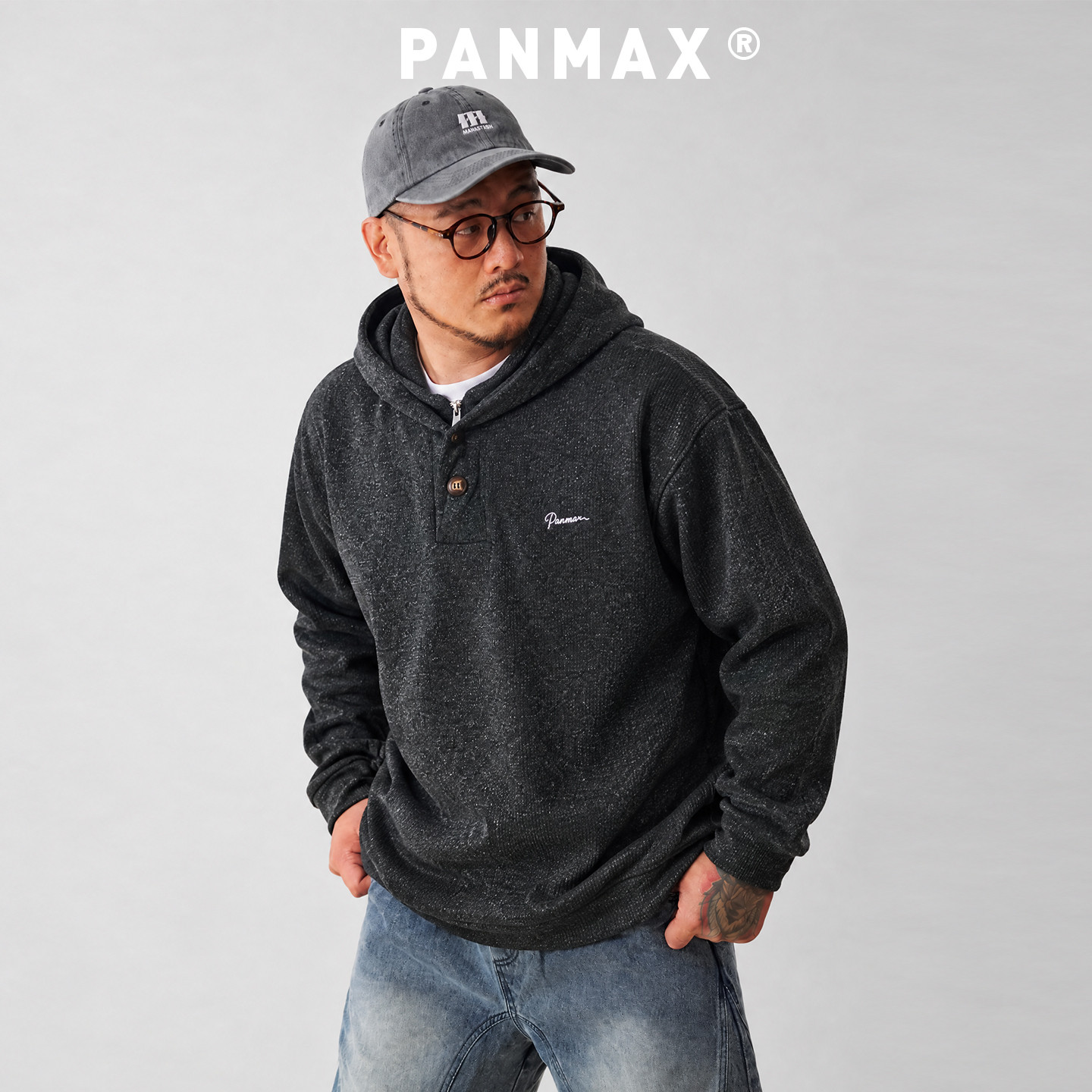 PANMAX潮牌大码男士连帽卫衣春秋新款拉链假两件宽松休闲长袖上衣