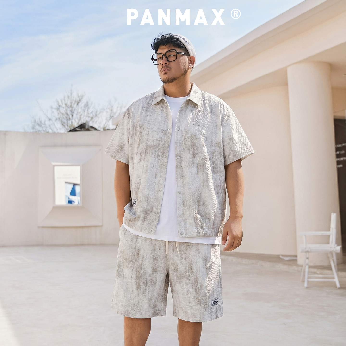 PANMAX大码潮牌男装泡泡纱肌理感短袖衬衫休闲短裤五分裤两件套