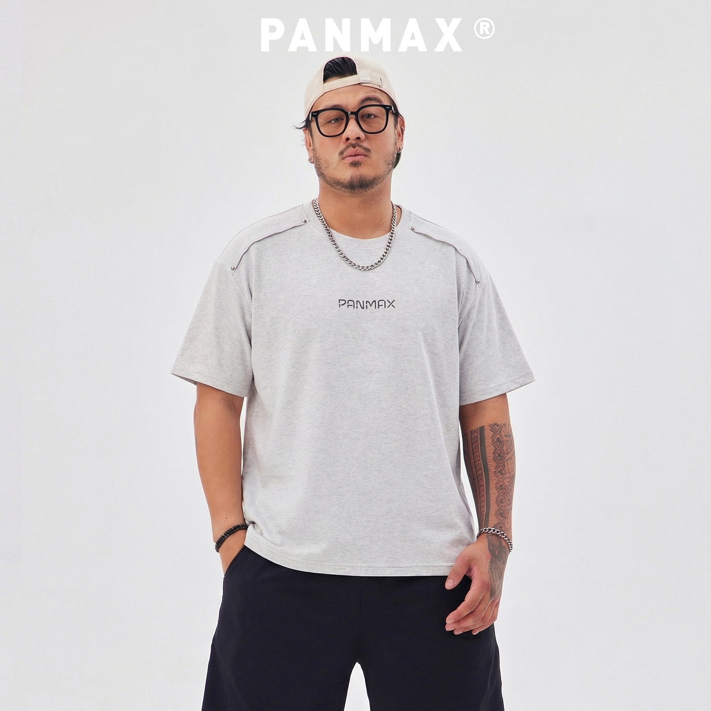 PANMAX潮牌男装春夏短袖T恤空气棉弹力铆钉拼接T恤字母印花设计