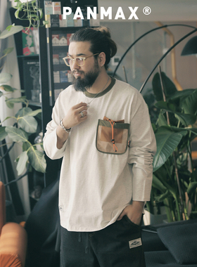 PANMAX潮牌休闲复古口袋宽松加肥加大码夏季情侣装男长袖T恤