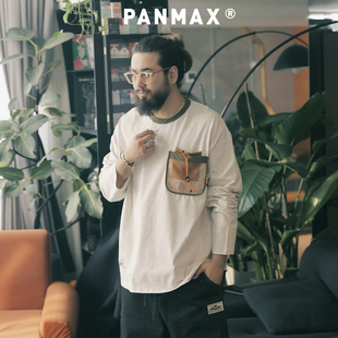 PANMAX潮牌休闲复古口袋宽松加肥加大码夏季情侣装男长袖T恤