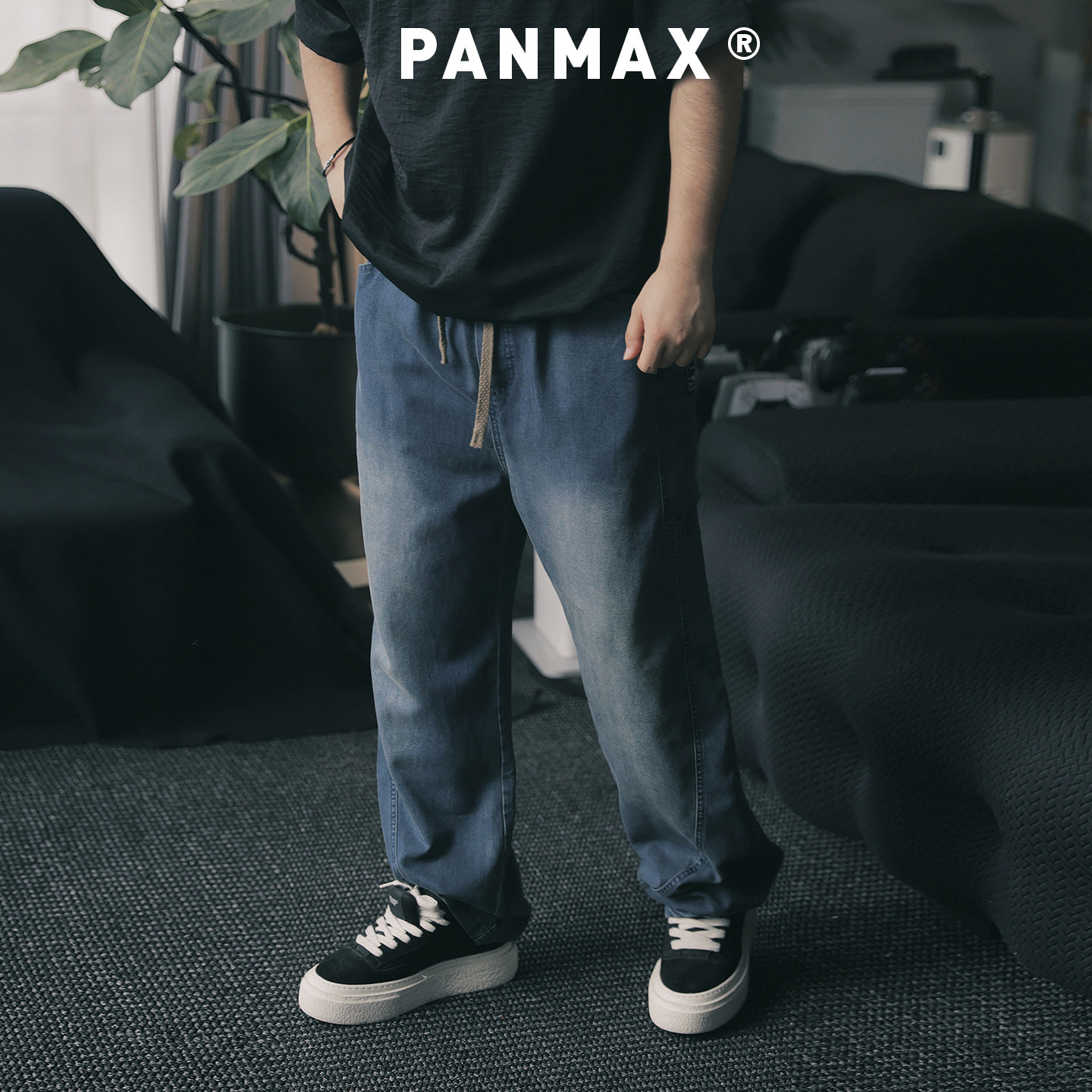 PANMAX潮牌大码男装美式弯刀透气牛仔裤渐变水洗松紧腰加大长裤