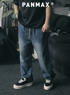 PANMAX潮牌大码男装美式弯刀透气牛仔裤渐变水洗松紧腰加大长裤
