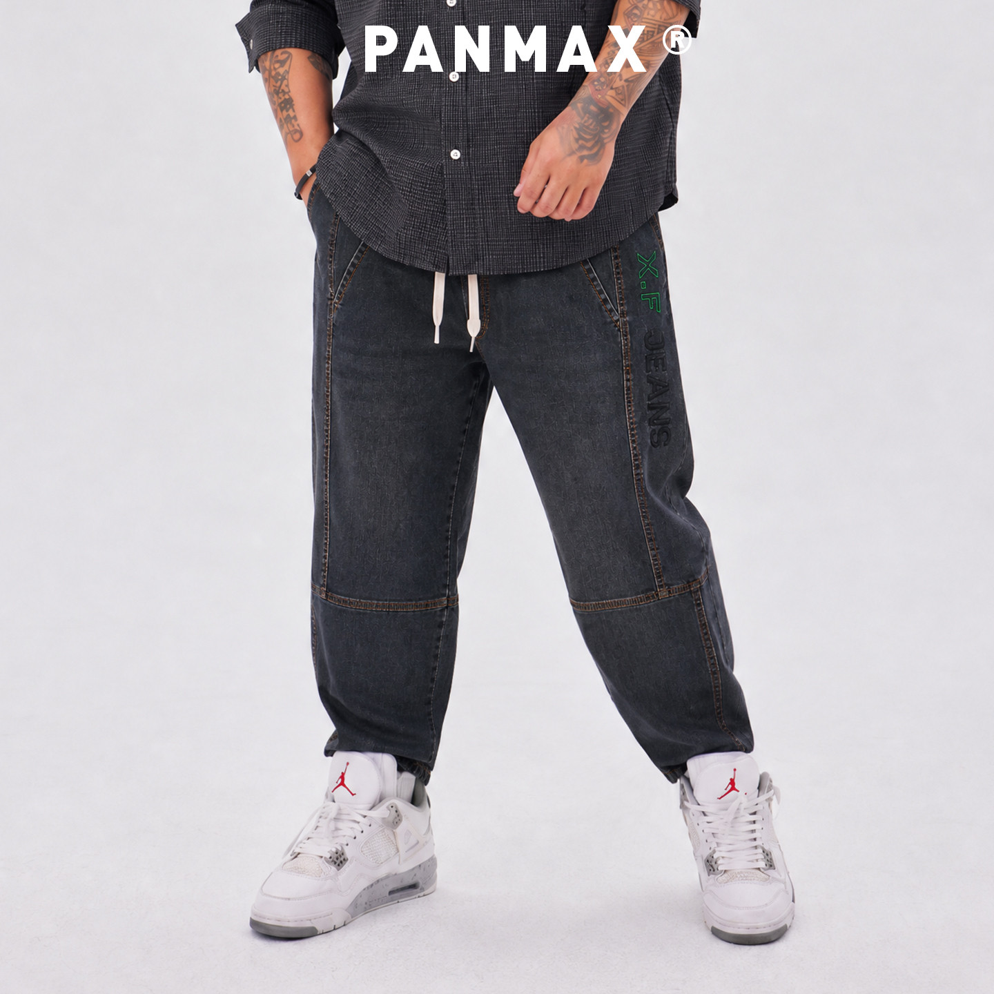 PANMAX大码男士牛仔裤春秋新款松紧腰长裤蓝色水洗直筒裤休闲百搭