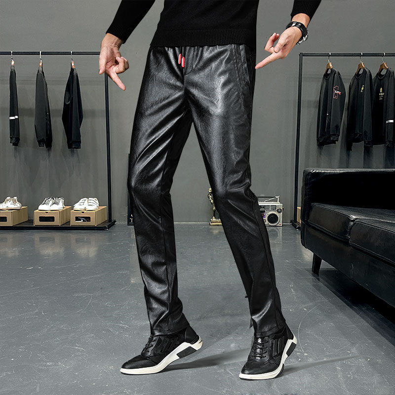 皮裤男加绒加厚冬季保暖紧身小脚