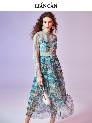 莲灿压褶雪纺长袖连衣裙女