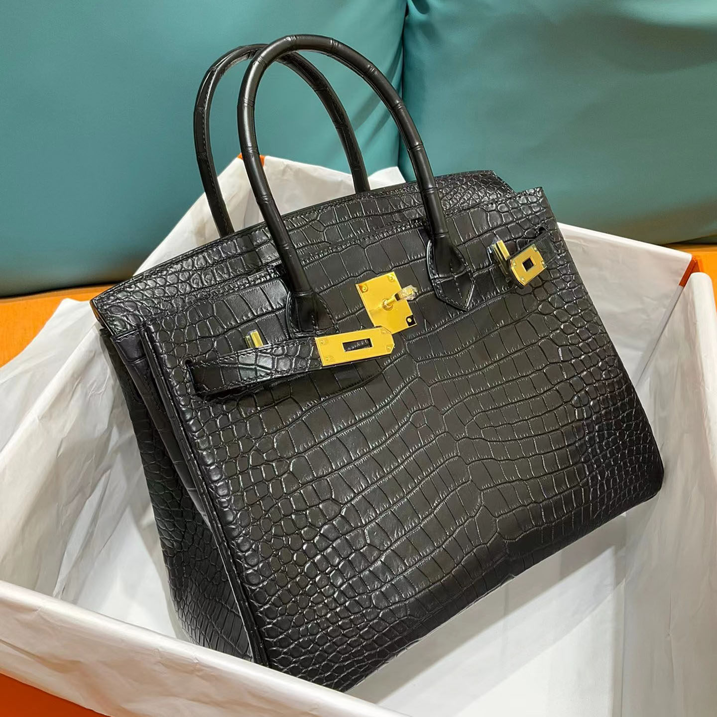 能匠全手工定制Birkin30铂金包湾鳄倒v雾面Matte冰黑色手工缝女包