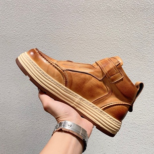 靴潮鞋 复古厚底马丁靴男秋冬新款 做旧机车工装 高帮皮鞋 英伦男士