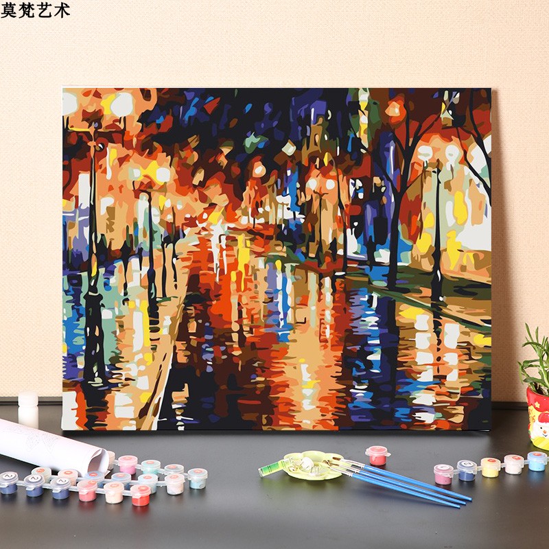 数字油画diy手工填充抽象雨天灯火通明街景风景画手绘涂色油彩画