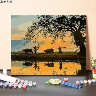 数字油画diy手工填充美好治愈夕阳下放牛伯伯风景画涂色油彩画画