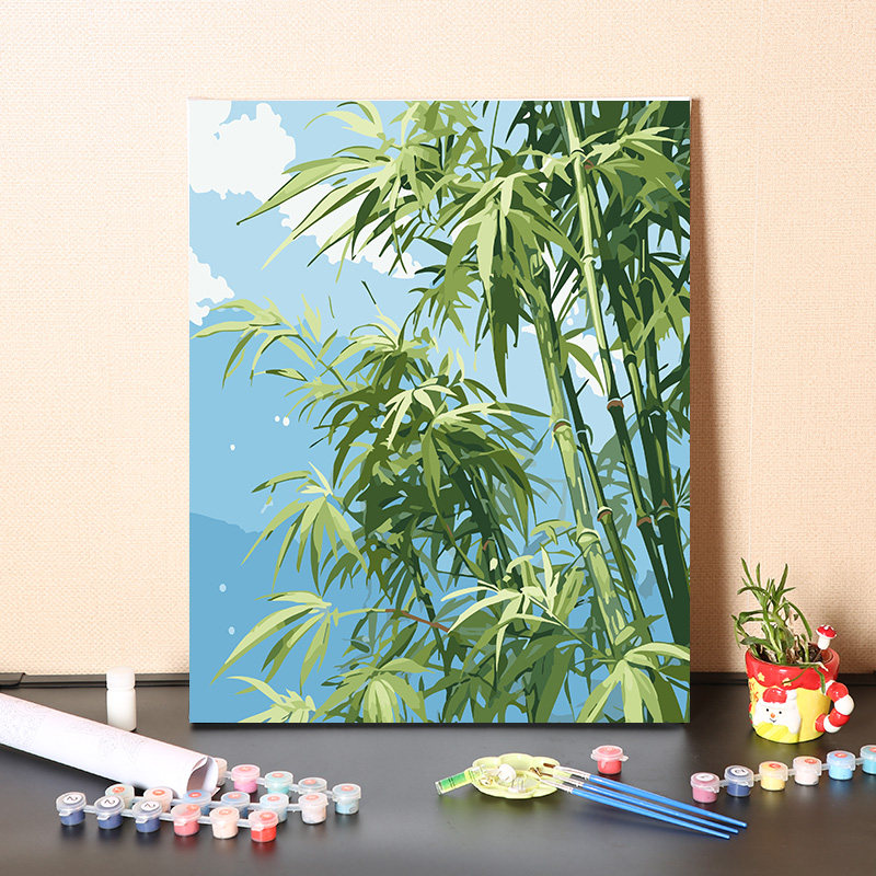 数字油画diy填充油彩画坚韧长寿中式简约竹子装饰画手工涂色画画