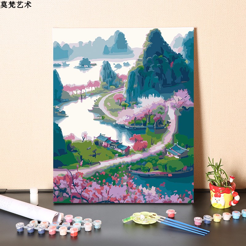 数字油画diy手工中式唯美世外桃源填充桃花源记手绘填色油彩画画