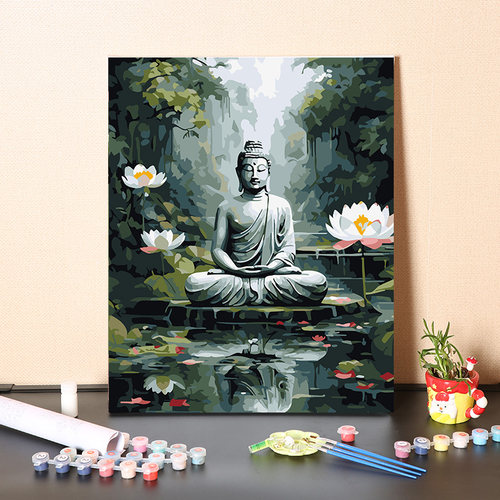 国风荷花池塘中佛像数字油画