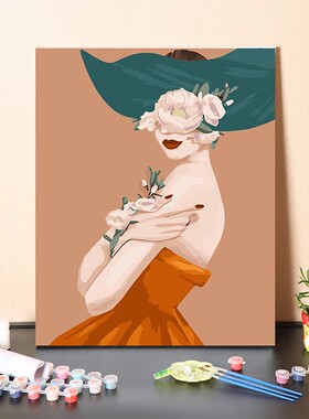 ins现代风戴帽子女士数字油画