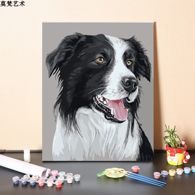 数字油画diy填充油彩画萌宠动物牧羊犬减压装饰画手工丙烯涂色画图片