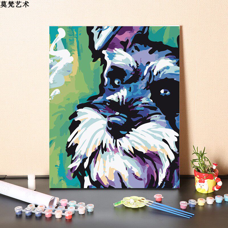 数字油画diy手工填充彩色雪纳瑞犬手绘可爱狗狗涂色丙烯油彩画画