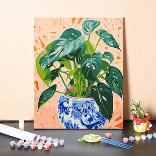 数字油画diy填充手工青花瓷花瓶绿植树叶填色减压手绘丙烯油彩画