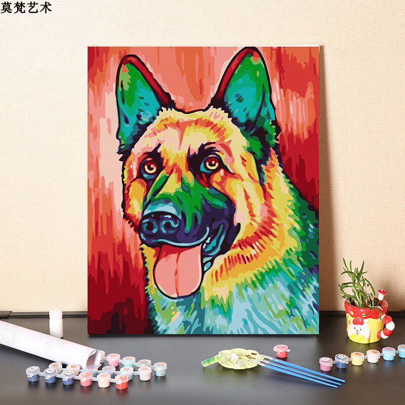 数字油画diy填充卡通动物彩色大狼狗手工填色牧羊犬丙烯画油彩画