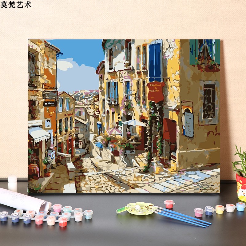 数字油画diy手工填充北欧宁静小镇风景画装饰画涂色丙烯油彩画画图片