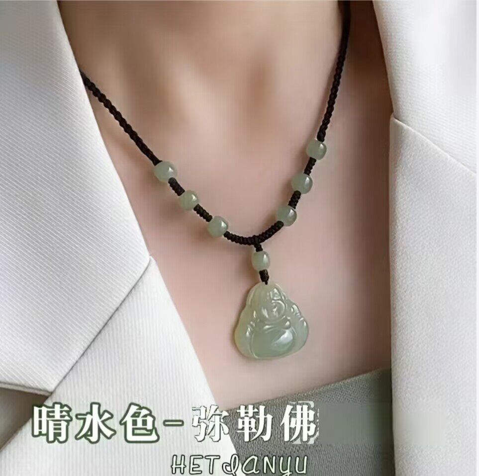 天然和田色东陵玉吊坠女弥勒佛大肚笑佛项链晴水色玉佛玉石毛衣链