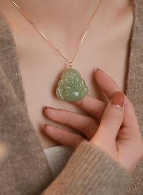 天然和田色玉吊坠轻奢女弥勒佛大肚笑佛项链玉佛玉石玉佩佛公轻奢