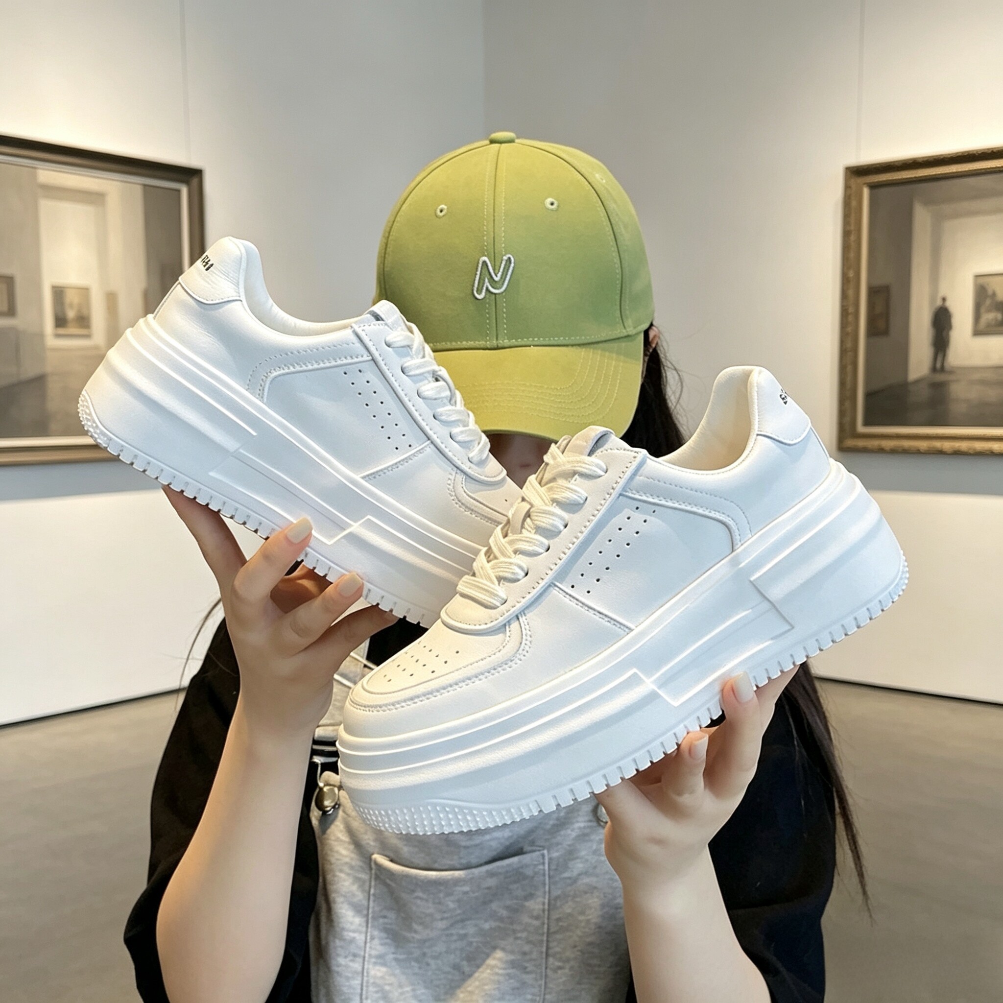 真皮厚底小白鞋女2026新春款内增高系带圆头白色百搭板鞋5CM8CM