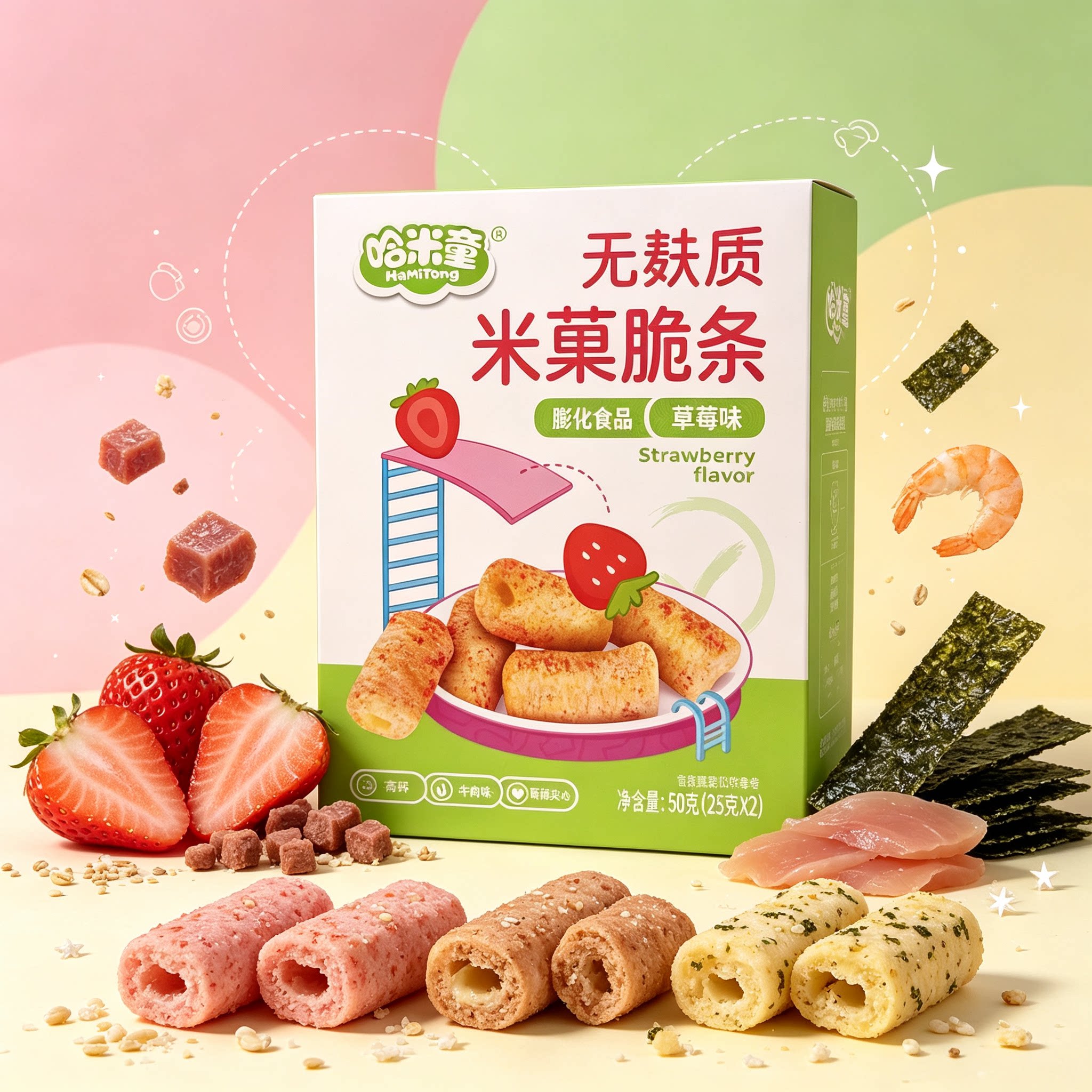 哈米童无麸质米菓脆条50g/盒 磨牙饼手指泡芙牛肉草莓味宝宝零食