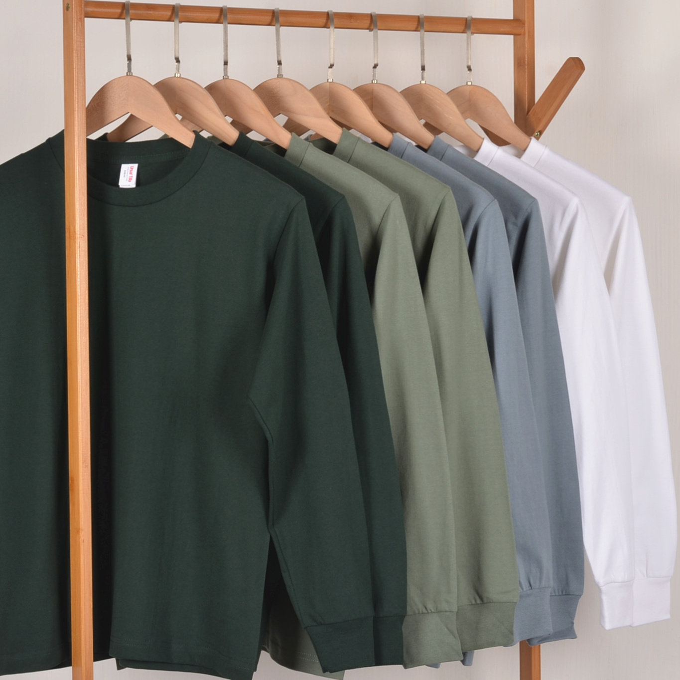 【小白家】秋冬深绿250g重磅纯棉不透圆领长袖T恤男女全棉打底衫