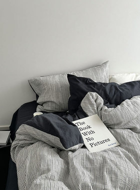 第三个海耶斯本/Nordic style北欧色纺碳黑粗线条全棉床单四件套