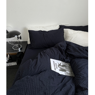 夏夜漱石/日本深邃蓝小工业泡泡纱全棉床单四件套水洗床笠三件套