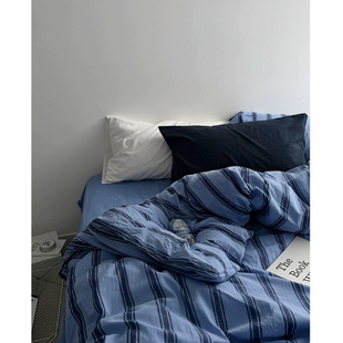午夜落幕前抵达/Nordi北欧蓝条纹水洗棉床单四件套纯棉被套三件套