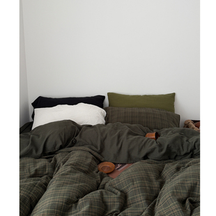 格森的建筑/retro中古格子双层纱橄榄绿全棉床单四件套床笠被套