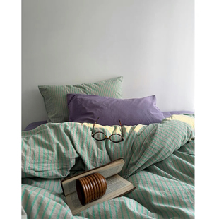 住在莫吉托/ins韩国春日指南水洗条纹床单四件套全棉被套三件套
