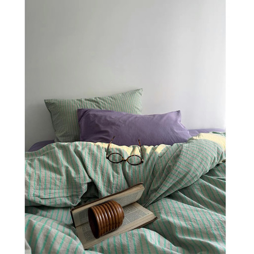 住在莫吉托/ins韩国春日指南水洗条纹床单四件套全棉被套三件套