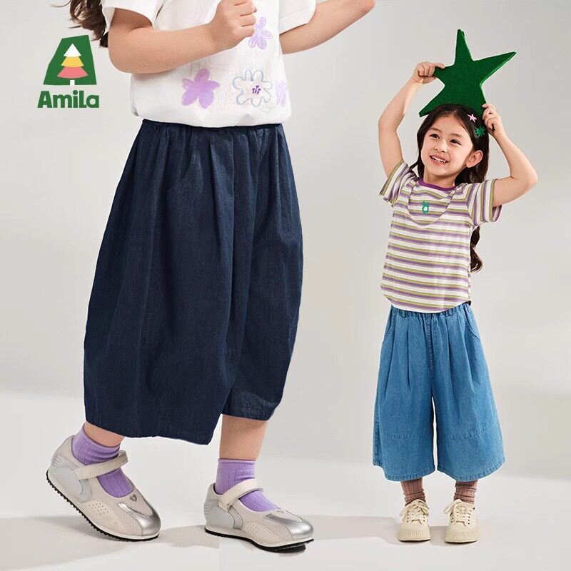 Amila女童夏季休闲软牛仔裤纯棉儿童七分阔腿裙裤透气小女孩宽松