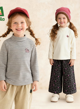 Amila女童德绒打底衫秋冬款儿童条纹长袖T恤宝宝保暖厚上衣半高领