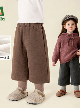 Amila女童加绒休闲长裤儿童冬季假两件直筒裤保暖宝宝毛呢厚裤子