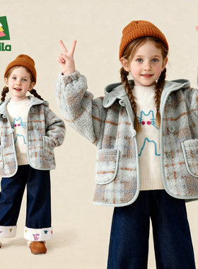 Amila女童羊羔毛外套连帽冬款儿童加绒厚外衣保暖宝宝麂皮绒衣服
