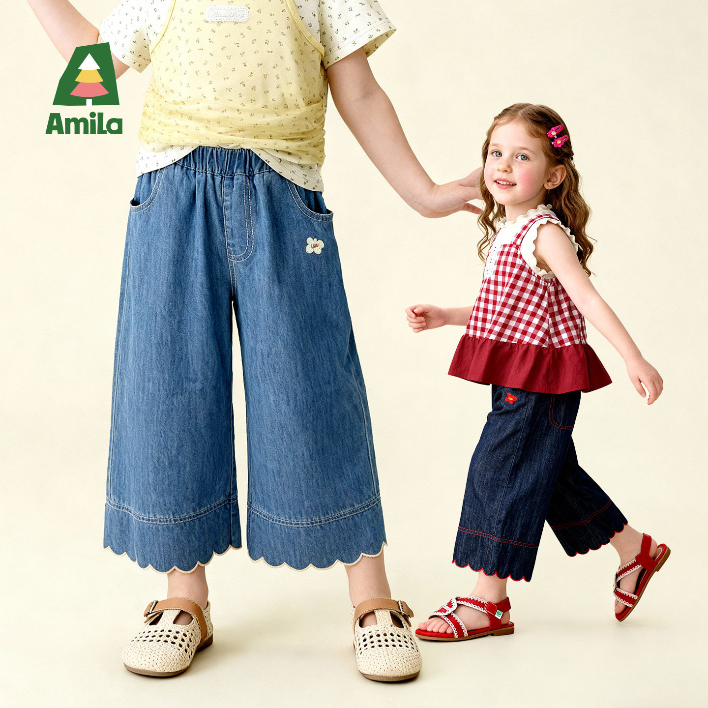 Amila女童夏季牛仔裤薄款儿童宝宝阔腿裤子宽松小女孩九分裤洋气