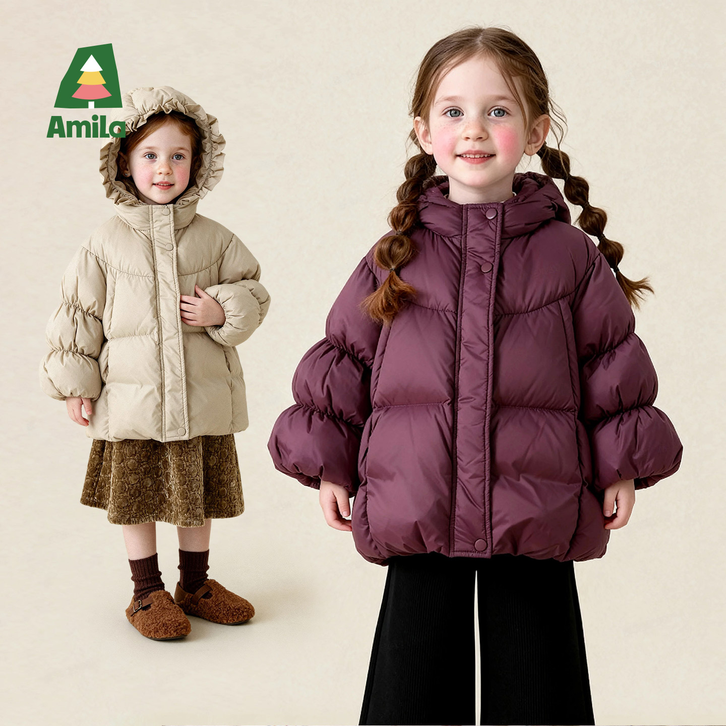 Amila女童冬装三防羽绒服中长款儿童宝宝加厚保暖连帽外套白鸭绒